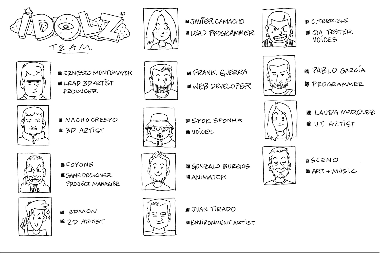 Ilustración del equipo de IDOLZ Team y sus disciplinas